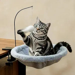 Cat Desk Bed for Home Office  Plush Clamp-On Cat Hammock with Hanging Feather and Ball Toy, Non-Slip Heavy-Duty Mount, Space-Saving Desk Mounted Cat Bed for Remote Workers Supports 40 lbs