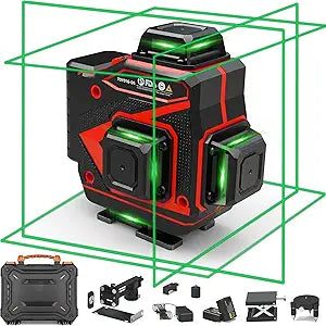 Tile Laser Level 360 Self Leveling - Floor 4 x 360 Green Beam Cross Line Laser Leveler Tool - 16 Lines Ceiling Nivel Laser for Construction - Hard-Sided Case and 2 Batteries-C