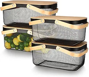 Jingmore 4 Pcs Metal Mesh Baskets with Lid, Stackable for Storage, Prevents Fruit Flies for Vegetable Fruit Kitchen Cabinet Picking Gathering Pantry Harvest Garden(16 Inch,Black)