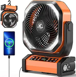 Camping Fan with Light - 20000mAh Rechargeable Battery Tent Fan, 112Hrs Max, 8 Speeds, Digital Display, Timer, Auto Oscillation, 270┬░ Pivot & Hook for Garage, RV, Hurricane, Co-Branded with MORECORE
