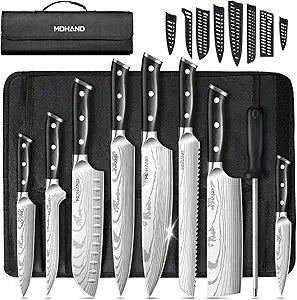 MDHAND Chef Knife Set with Roll Bag, 18PCS High Carbon Stainless Steel Ultra Sharp Professional Chef Knives Sets with Ergonomic Pakkawood Handle for Home Kitchen Cooking, Dishwasher Safe, Chef Gifts