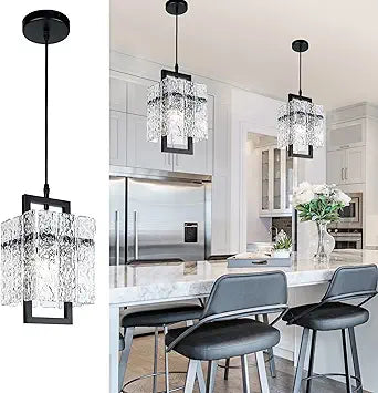 IKK Black Crystal Pendant Light for Kitchen Island, Luxury Water Ripple Glass Chandelier Lights Fixture, Modern Elegant Adjustable Pendant Lighting for Dining Room Bedroom, E12 Bulb, L6.5'' x H11.8''
