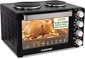 NutriChef 30 Quart Kitchen Convection Oven & 2 Burner Cooker - 1500 Watt Oven - 7 Cook Functions Rotisserie, Cook, Bake, Broil & More - Includes Baking Tray, Skewers & Handles - 19.6 x 16.0 x 13.5 IN