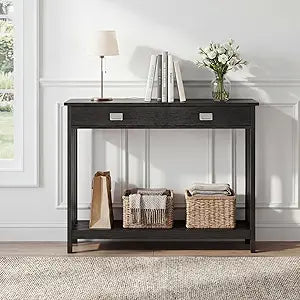 ChooChoo 47" Black Entryway Table with Drawer, Narrow Console Table with Storage Shelf, Sofa Table for Living Room, Entryway, and Hallway