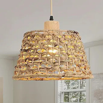 Rattan Boho Pendant Light, 12" 1-Light Hand-Woven Wicker Pendant Light with Water Hyacinth Shade, Natural Coastal Cone Hanging Light for Kitchen Island Sink Dining Room