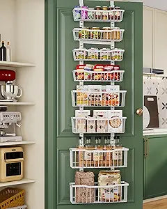 Eastherry Over The Door Organizer8-Tier Over The Door Pantry Organizer with Adjustable BasketsMetal Hanging Pantry Organizers and Storage for Kitchen, Back of Door Seasoning Rack (White)