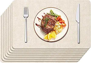 Maxpearl Faux Leather Placemats Set of 8  Waterproof, Wipe Clean, Heat Resistant, Non-Slip Dining Table Mats for Indoor & Outdoor Use, 1712, Beige