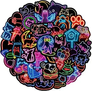 Neon Cat Stickers, 50 Pcs Cool Cute Neon Cats Sticker Packs, Waterproof Vinyl Animal Stickers for Water Bottles Laptop Scrapbooking Skateboard Journaling Luggage