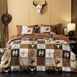 Wake In Cloud - Western Comforter Set with Sheets, Southwestern Aztec Country Horse Cowboy Rustic Ranch Style, 7 Pieces Bed in a Bag, Tan Brown, Queen Size