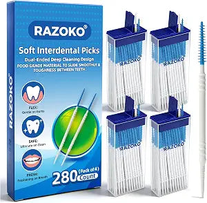 RAZOKO Soft Silicone Interdental Brushes and Dental Picks,280 Count (Blue)