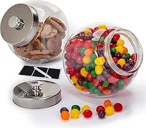 1 Gallon Large Glass Cookie Jars for Kitchen Counter + Marker & Labels - Food Storage Canisters with Airtight Lids, Coin & Penny Jar for Candy Buffet, Coffee, Laundry Detergent Holder, Set of 2.