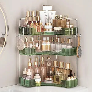 3-Tier Green Corner Organizer, PET Counter Storage with Hooks | Multi-Surface Organizer for Bathroom Vanity & Kitchen Countertop