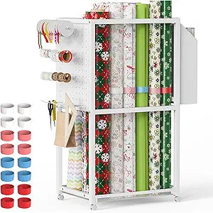 Wrapping Paper Organizer with Wheels, Metal Gift Wrap Storage Cart, Vertical Craft Organizer with 16 Slap Bands for Wrapping Paper Rolls, Wrapping Supplies Storage