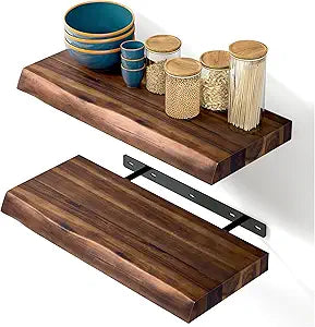 BATODA 17 Acacia Live Edge Floating Shelves, Wooden Floating Shelves for Wall - Floating Book Shelves, Book Shelf for Bathroom, Kitchen - Wall Mounted Shelf for House Decor (Walnut Color)
