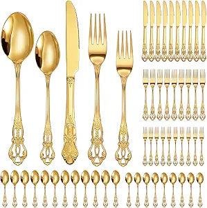 Dandat 60 Pcs Gold Stainless Steel Flatware Set, Retro Vintage Silverware with Forks Spoons Knives Mirror Polished Cutlery Set for Valentine's Day Wedding Kitchen Home Restaurant