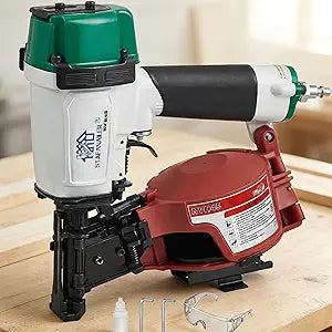 NVH45 Roofing Nail Gun, 15 Degree Pneumatic Pistolas Para Roofing, 7/8" to 1-3/4" Nails Compatibility, 3/8 NPT Air Connector, 120-Pcs Load Capacity for Roofing Constructions(Wht-Grn Ver)