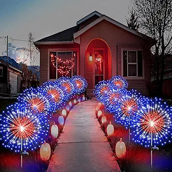 Tujoe 12 Pcs 4th of July Solar Firework Stake Lights 180 LED 8 Modes Solar Waterproof LED Sparkler Lights Outdoor Patriotic Decoration for Memorial Independence Day Garden Patio Yard (Red White Blue)