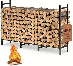 4FT Firewood Rack Indoor Outdoor, Heavy Duty Log Holder Stand for Fireplace, Adjustable Wood Storage Organizer with Weather-Resistant Tubular Steel, Cradle for Kindling & Stacking Logs
