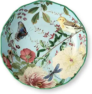 Flora Ceramic Serving Bowl  13" x 3" Large Decorative Bowl with Pastel Floral, Butterfly, and Bird Patterns, Ideal for Salads, Pastas, Fruits, and Side Dishes