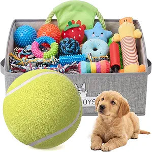 Leitee 28 Pcs Dog Squeaky Toys with Storage Basket, Giant Tennis Ball, Puppy Chew Toys for Teething, Tug of War for Small Dogs, Pet Birthday Gifts and Puppy Necessities