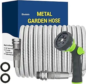 50 FT Stainless Steel Garden Hose  304 Steel Heavy Duty Metal Hose, No-Kink, Puncture Resistant, Lightweight, Leak-Proof Swivel Fittings, 8-Pattern Nozzle for Garden, Yard, Outdoor Cleaning