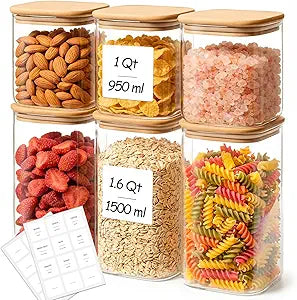 6-Pack Square Glass Pantry Storage Containers with Lids, Airtight Stackable Pantry Organization and Storage Set (1.6 Qt/1 Qt) for Snacks, Cereal & Coffee