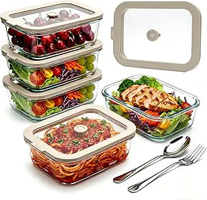 5 Pack 35 oz Glass Meal Prep Containers, Plastic-Free Glass Food Storage Containers with Lids, 4.4 Cups Airtight Glass Lunch Containers for Leftovers, Microwave, Oven, Freezer and Dishwasher