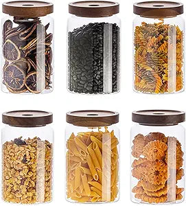 Kanwone Glass Storage Containers Set of 6, 28 Ounce Airtight Food Storage Containers with Bamboo lids, Clear Glass Jars for Pantry, kitchen, Flour, Sugar, Tea, Coffee, Snack, Cookies, Spice and Herbs