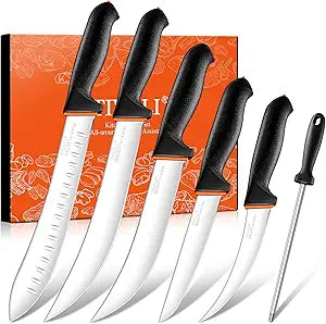 TIVOLI Butcher Knife Set 6pcs - Game Processing Knife Set with 7" Sharpener Rod - Non-Slip Softgrip & German Stainless Steel - Skinning Boning Trimming Poultry Knives for Meat Cutting - Gifts for Men