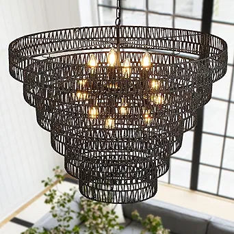 31.5" Black Rattan Chandelier, 12-Light Boho Hand Woven Wicker Drum Chandelier Vintage Farmhouse 6-Tier Large Light Fixture,for Dining Room Kitchen Island Living Room Bedroom Entryway