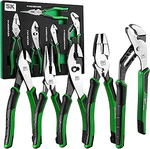 SK 5-Piece Pliers Set, 8" Long Nose, 9.5" Linesman, 8" Slip Joint, 8" Diagonal, and 10" Groove Joint, with EVA Foam Tool Organizer
