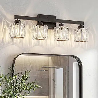 VOLISUN Crystal Vanity Lights for Bathroom, 4 Light Bathroom Vanity Light, Modern Matte Black Bathrooms Light Over Mirror, Black Bathrooms Lights Fixtures-UL Certificated(Exclude Bulb)