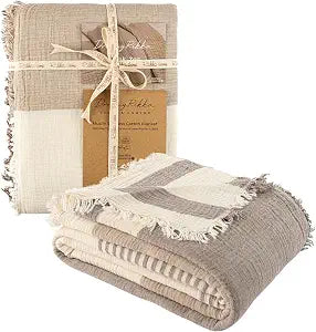 Muslin Gauze Cotton Blanket, 100% Oeko-TEX Certified, 3 Layer 2 Ply, Soft Breathable All Season Bedding, Bed Layering Coverlet, Queen Size 83 x 89 in, Desert Beige Stripe