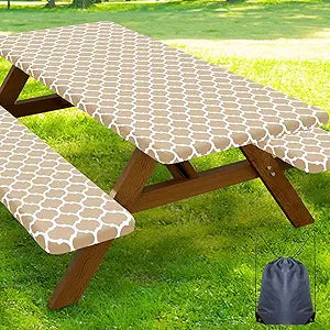 Smiry Picnic Table Cover with Bench Covers, Waterproof Elastic Fitted Tablecloth for 8 Foot Tables, Washable Polyester Tablecloths for Camping, Indoor & Outdoor (Khaki, 30x96 Inch 3-pc Set)