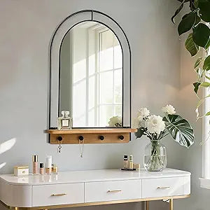 BAODANFU Wall Mirror with Foldable Wood Shelf, Black Bathroom Mirror with 4 Metal Hooks, 20x30 inches Arch Makeup Vanity Mirrors Decorative for Entryway, Bedroom, Dressing Room