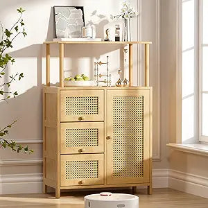 Amazer Sideboard Buffet Cabinet with Storage, Bamboo Storage Cabinets, Rattan Sideboard with Adjustable Shelf, Pantry Cupboard for Kitchen Living Room Entry Coffee Bar, Natural Color
