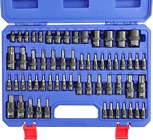 WORKPRO 60-piece Master Torx Bit Socket and External Torx Socket Set, 1/4", 3/8", 1/2" Drive Bits, Female E Sockets E4-E24, Star Socket Bits T6-T70, TT6-TT70, TP8-TP60, CR-V & S2 Alloy Steel