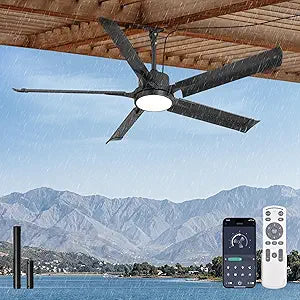 56" Outdoor Ceiling Fan with Lights, IP65 Waterproof Gazebo Fan with Remote Control 6-Speeds DC Motor, Black Plug in Hanging Fan for Patio Porch Pergola(Black)