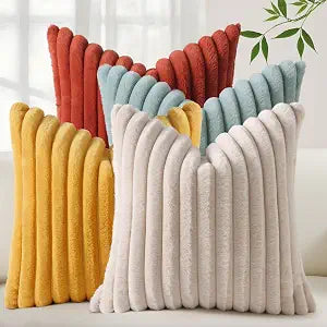 decorUhome Set of 4 Fall Faux Fur Throw Pillow Covers 20x20 Inch Decorative Farmhouse Modern Soft Plush Striped Couch Pillow Covers with Velvet Back for Sofa, Bed, Living Room, Rust/Beige