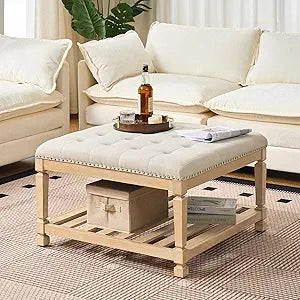 Befurtori Large Square Ottoman Coffee Table, Linen Solid Upholstered Footrest Ottoman with Solid Wood Shelf Storage Tufted Coffee Table for Bedroom Living Room-Ivory