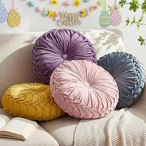 Kathfly 4 Pcs Decorative Round Pleated Throw Pillows, Classy Velvet Pumpkin Round Throw Pillows, Decorative Floor Pillow for Bed Chair Home Sofa Decor, 14" Diameter (Easter Colors)