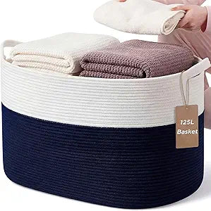 125 L Extra Large Blanket Basket - XXXXL Cotton Rope Storage Basket with Handles for Living Room Jumbo Woven Toy Bin Laundry Hamper Organizer 25" x 18" x 17", Two-tone(White & Navy Blue)