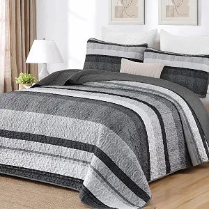 Dobuyly Grey Queen Quilt Set, Boho Bedspread Queen Size, Striped Bedding Sets 3 Pieces, Summer Lightweight Soft Gray Black Coverlet Bed Sets with 2 Pillow Shams 96"x90"