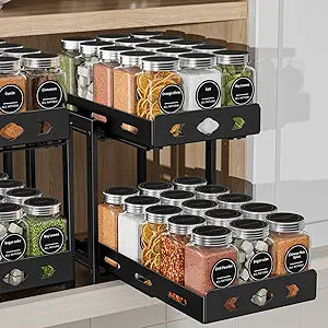 BOIVSHI Pull Out Spice Racks for Inside Cabinets, 2-Tier Cabinet Spice Rack Organizer, Height Adjustable Vertical Spice Rack for Kitchen Cabinet (7.5''Wx10.8''Dx9.2''H, Metal Black)