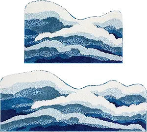 Tinideya 2 Pcs Wave Rug Blue Ocean Rug 3D Aesthetic Plush Beach Mat Non Slip Cute Backing Trendy Bath Mat Coastal Washable Soft Romantic Carpet for Shower Bedroom Bathroom Kitchen Decor