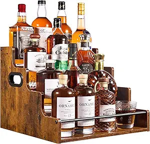 YQBRAO 4-Tier Liquor Bottle Display Shelf - 16-Inch Rustic Wood Cup Rack & Coffee Syrup Rack Organizer - Heavy-Duty Countertop Spice Rack with Guardrails & Handles for Bar, Kitchen, Office