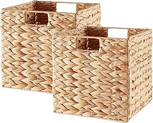 Vagusicc Storage Basket, Set of 2 Hand-woven Water Hyacinth Storage Baskets, Foldable Wicker Storage Basket 13 Inch Cube Storage Bins for Shelves Organizer Square Shelf Baskets, 13''x13''x13''