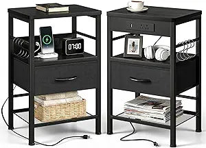 Lazzanto Nightstands Set of 2 with Charging Station, Bedside Tables with Open Shelf & Hooks, End Tables with USB-C USB-A Ports AC Outlets, Night Stand for Bedroom with Fabric Drawer, Black