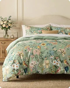 Bedsure Floral Duvet Cover Queen Size - 100% Cotton Reversible Flowers and Birds Pattern Duvet Cover Set, 3 Pieces Soft & Breathable PureWoven Bedding Set with 2 Pillow Shams (Green Garden, 90"x90")