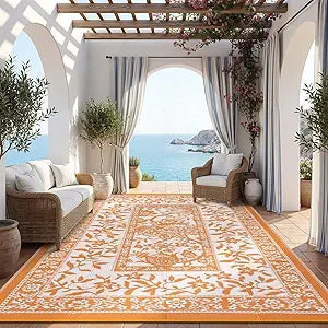 Garvee Outdoor Rug 9x12, Waterproof Reversible Foldable Plastic Straw Rug, Botanical cottagecore Outdoor Rugs Patio Camping RV Carpet for Deck Camper Porch Balcony Backyard Picnic Beach Orange